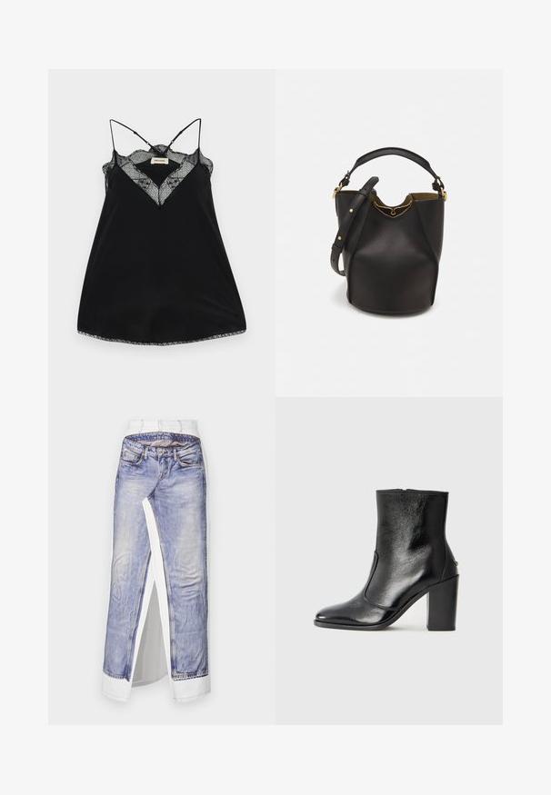 Musta kampsun, millel on reguleeritavad rihmad, pitsist madal kaelus ja lainelised ääred. Sile kangas, millel on kerge sära.; Denimseelik, millel on fotoprint teksapükstest valgel kangasel. Omab standardset vöölinna, külgslikku lõhet ja detailset õmblust taskutel.; Must kõvale nahast pahklipsu saapad, millel on sile tekstuur, terav varvas ja paks kõrge kann. Omab külgavatust ja minimalistlikku disaini.; Mustast nahkämbriga kott tekstuurses viimistluses, kuldsete metalldetailide aktsentidega ja avatud ülaosaga. Omab lühikest käepidet ja reguleeritavat õlavarre rihma.