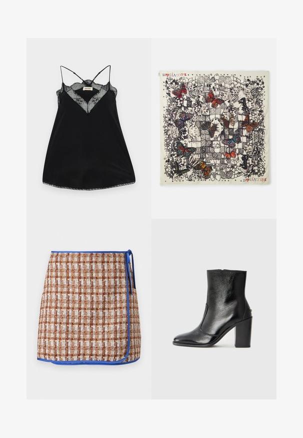 Čierna tielko s nastaviteľnými ramienkami, s čipkovým výstrihom a zvlnenými okrajmi. Hladká tkanina s jemným leskom.; Tkaný sukňový obal v hnedej a bielej kockovanej vzore s modrým lemovaním. Má bočné viazanie a textúrovanú tkaninu pre zvýšenie detailu.; Čierna kožená kotníková obuv s hladkým povrchom, špicatou špičkou a masívnym vysokým podpätkom. Zdobená bočným otvorom a minimalistickým dizajnom.; Štvorcový hodvábny šál s detailnými ilustráciami motýľov v rôznych farbách na svetlom pozadí, s čiernymi obrysmi a dekoratívnymi vzormi.