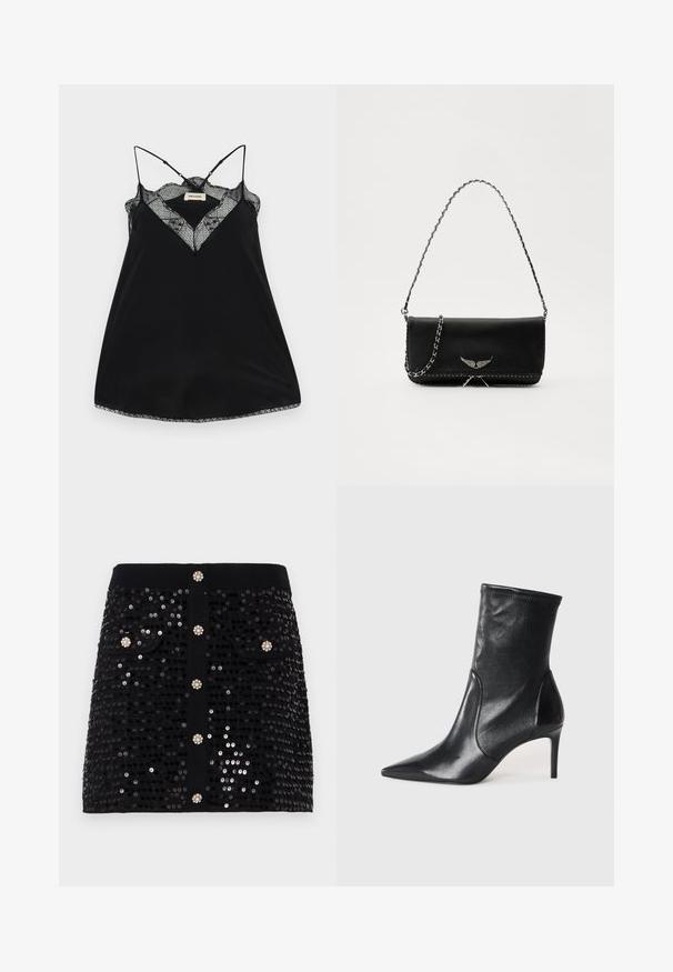 Schwarzes Trägertop mit verstellbaren Trägern, ausgestattet mit einem Spitzen-Ausschnitt und gewellten Kanten. Glattes Material mit leichtem Glanz.; Schwarzer Paillettenrock mit tailliertem Schnitt, zwei Vorderaschen und dekorativen Knöpfen mit juwelenähnlichen Akzenten. Glatte Textur über die gesamte Fläche.; Schwarze Stiefeletten aus glattem Leder, mit einer spitzen Zehe, schmalem Schaft und schlanker, hoher Ferse. Minimalistisches Design ohne sichtbare Beschläge.; Schwarze Lederhandtasche mit einem silbernen Kettenriemen, verziert mit dekorativen Flügelakzenten und weißen Nähten entlang der unteren Naht.