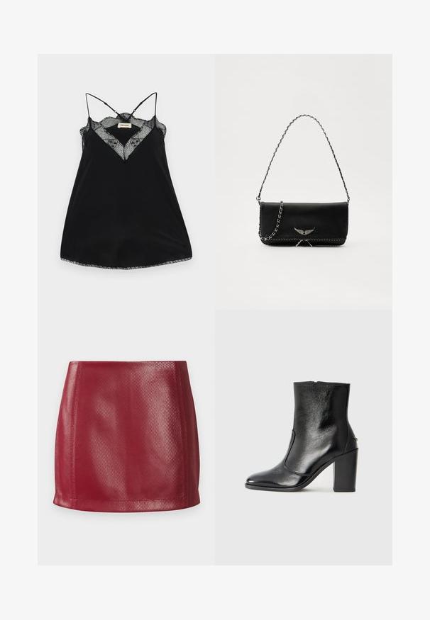 Czarna koszulka na ramiączkach z regulowanymi sznurkami, z koronkowym dekoltem w kształcie litery V i falbaniastymi brzegami. Gładki materiał o lekkim połysku.; Czerwona mini spódnica z sztucznej skóry, charakteryzująca się gładką teksturą, dopasowanym krojem oraz prostym dołem z delikatnym połyskiem i ukośnym wzorem.; Czarne skórzane botki za kostkę o gładkiej fakturze, spiczastym nosku i grubym wysokim obcasie. Posiadają boczne wycięcie i minimalistyczny design.; Czarna skórzana torebka z srebrnym łańcuszkiem, ozdobiona dekoracyjnymi skrzydłami i białym przeszyciem wzdłuż dolnego szwu.