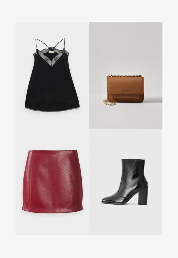 Sort camisole med justerbare stropper, prydet med en blonderede V-udskæring og bølgede kanter. Glat stof med en let glans.; Rød faux læder mini skørt med en glat tekstur, tætsiddende design og lige kant med subtil glans og skrå mønsterdetaljer.; Sorte læder ankelstøvler med en glat overflade, spids tå og en chunky høj hæl. Har en sidelukning og minimalistisk design.; Brun tekstureret læder crossover-taske med guldkæde-rem og klaplukning. Forsiden har logo-detalje og en lomme under klappen.