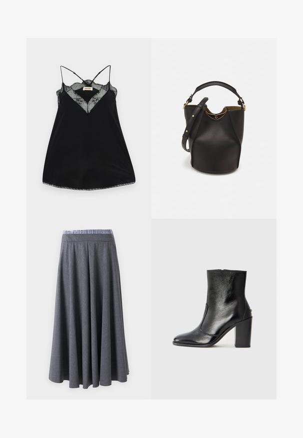 Schwarzes Trägertop mit verstellbaren Trägern, ausgestattet mit einem Spitzen-Ausschnitt und gewellten Kanten. Glattes Material mit leichtem Glanz.; Hochtaillierte, dunkelgraue, weite Hose mit dezentem Karomuster und einem blau-weiß gestreiften Bund, präsentiert hängend vor einem weißen Hintergrund.; Schwarze Leder-Stiefelette mit glatter Textur, spitzem Fuß und klobigem hohen Absatz. Verfügt über eine seitliche Öffnung und ein minimalistisches Design.; Schwarze Leder-Eimerhandtasche mit strukturierter Oberfläche, goldenen Hardware-Akzenten und offenem Design. Verfügt über einen kurzen Griff und einen verstellbaren Schultergurt.