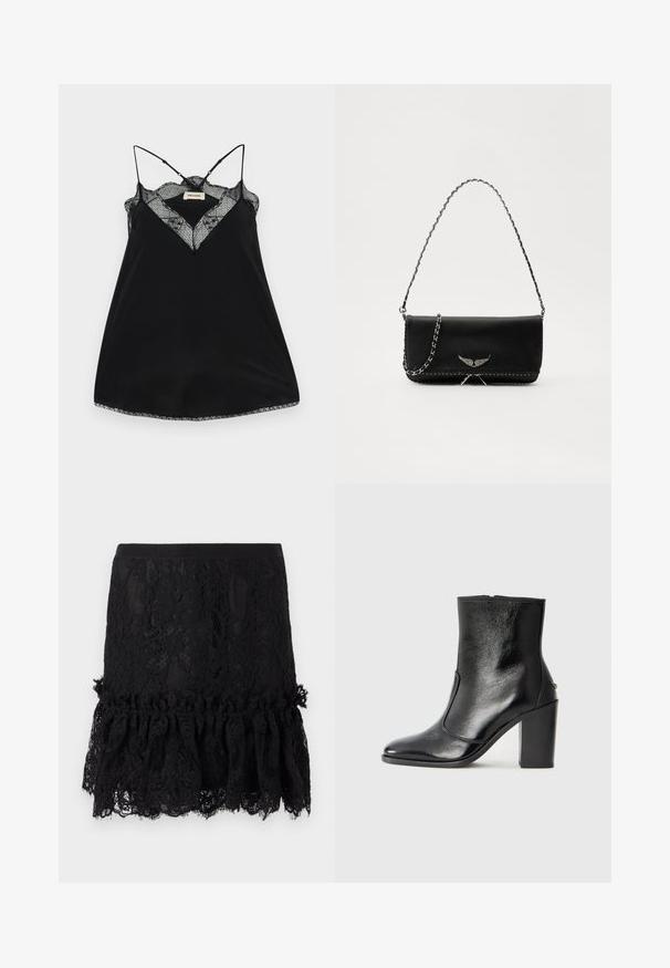 Črna majica s tankimi naramnicami, ki se lahko prilagajajo, z čipkastim globokim izrezom in valovitimi robovi. Gladko blago z rahlim leskom.; Črna čipkasta krila z strukturiranim zgornjim delom, ki ima volančki na čipkastem robu. Tkanina prikazuje cvetlične vzorce in gladek pas.; Črne usnjene gležnarske čevlje z gladko teksturo, koničastim nosom in debelim visokim petam. Imajo stransko odprtino in minimalističen dizajn.; Črna usnjena torbica s srebrnim verižnim ročajem, ki ima okrasne krilate poudarke in belo šivanje ob spodnjem šivu.