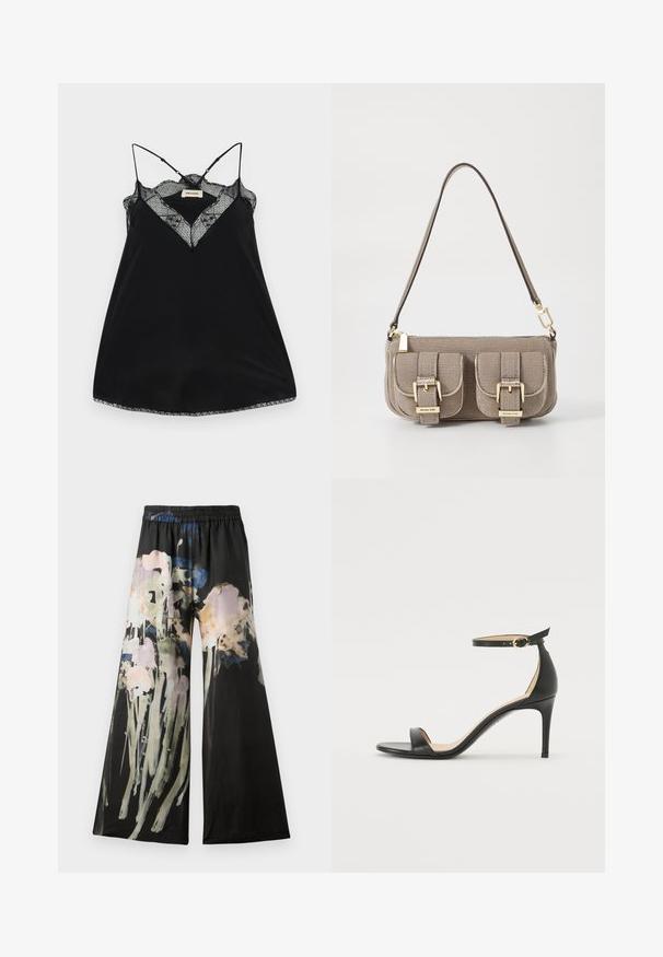 Camisole noire avec des bretelles réglables, dotée d'un décolleté en dentelle plongeant et de bords festonnés. Tissu lisse avec un léger éclat.; Pantalons larges en tissu noir avec un imprimé floral aquarelle dans des tons de rose, bleu et vert ; ceinture élastique pour plus de confort.; Sandale à talons hauts en cuir noir avec une lanière de cheville. Présente une texture lisse, un bout ouvert et un talon fin. Détail de boucle en ton doré.; Sac à main beige texturé avec une bandoulière réglable, deux poches avant fermées par des boucles, et des accents en doré. Fermeture éclair en haut.