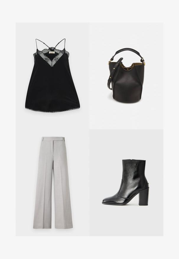 Melna topiņa ar regulējamiem siksniņām, ar mežģīņu kakla izgriezumu un viļņotām malām. Gluda auduma ar vieglu spīdumu.; Gai pelēki plašās bikses ar gludu tekstūru, ar piegrieztu jostasvietu un priekšējo krokām, nodrošinot izsmalcinātu izskatu.; Melnas ādas potīšu zābaki ar gludu tekstūru, smailu purngalu un masīlu augstu papēdi. Iekļauts sānu atvērums un minimālistisks dizains.; Melnas ādas spainīša somas ar teksturētu apdari, zelta metāla aksesuāriem un atvērtu augšu. Piedāvā īsu rokturi un regulējamu plecu siksnu.