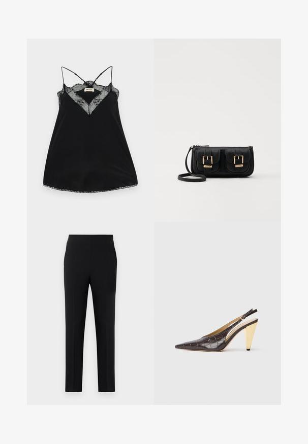 Melna topiņa ar regulējamiem siksniņām, ar mežģīņu kakla izgriezumu un viļņotām malām. Gluda auduma ar vieglu spīdumu.; Melna bikses ar plūstošu dizainu, izgatavotas no gludas auduma. Iekļauj elastīgu jostasvietu un šauras kājas ar minimālu šuvju detaļu.; Garinātā pīsma zole ar atvērtiem papēžiem, tumši brūnā spīdīgā mākslīgā krokodila ādā. Iezīmējas ar zelta krāsas ģeometrisku papēdi un regulējamu potītes jostu.; Melnas ādas crossbody soma ar divām priekšējām kabatām, zelta sprādzēm, ar rāvējslēdzēju aizdari un šauru siksnu. Strukturēta virsma un kompakta taisnstūra forma.