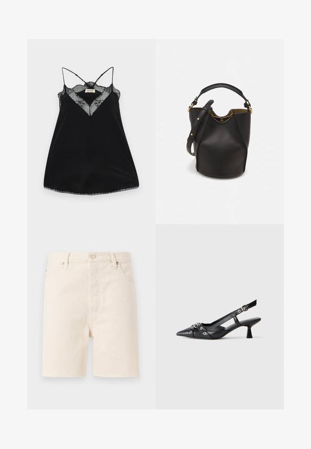 Musta toppi säilytettävillä olkaimilla, jossa on pitsinen syvään uurrettu kaula-aukko ja aaltoilevat reunat. Sujuva kangas kevyellä kiillolla.; Beige farkkushortsit suoran leikkauksen omaavina, joissa on napituskohdistus, vyölenkit ja purjehtiva helma. Viiden taskun muotoilu.; Mustat nahkakengät, joissa on avonainen takaosa ja kärjessä terävä muoto, koristevyöt, joissa on metalliset reiät, sekä matala lohkoepohja. Teksturoitu pinta.; Mustan nahka-buckettikassi, jossa on teksturoitu pinta, kultaiset metalliosat ja avoin yläosa. Ominaisuuksiin kuuluu lyhyt kahva ja säädettävä olkahihna.