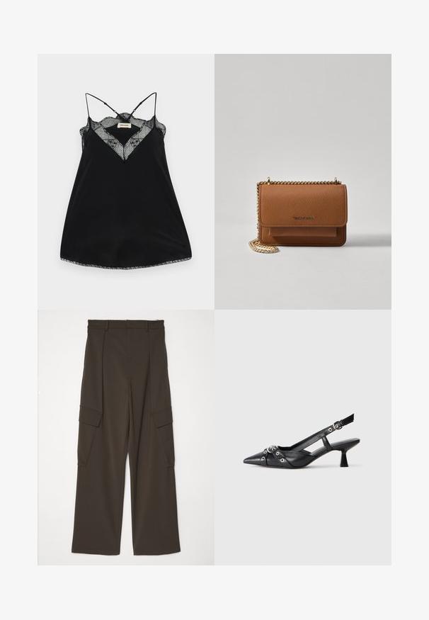 Fekete ujj nélküli blúz állítható pántokkal, csipkés, mély dekoltázzsal és hullámos szegéllyel. Simább anyag enyhe fényességgel.; Barna, széles lábú cargo nadrág texturált anyagból, két oldalsó zsebből áll, melyek folttal rendelkeznek, és egyenes szabású a derektól a szegélyig.; Fekete bőr slingback cipő hegyes orral, dekoratív pántokkal, fém szemekkel és alacsony blokk sarkú. Texturált felület.; Barna textúrájú bőr keresztbody táska arany lánc pánttal és fedélzárral. Az elején logó részlet és egy zseb található a fedél alatt.