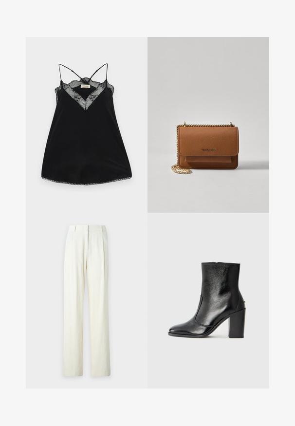 Zwarte camisole met verstelbare bandjes, met een kanten V-hals en golvende randen. Gladde stof met een lichte glans.; Lange broek met wijde pijpen in licht crème, met verticale ribbels, een platte voorkant met plooien en een gladde stoftextuur.; Zwarte leren enkelboot met een gladde textuur, spitse neus en een gedurfde hoge hak. Beschikt over een zijopening en een minimalistisch ontwerp.; Bruine lederen schoudertas met textuur, voorzien van een gouden kettingstrap en klepsluiting. De voorkant heeft een logo-detail en een zak onder de klep.