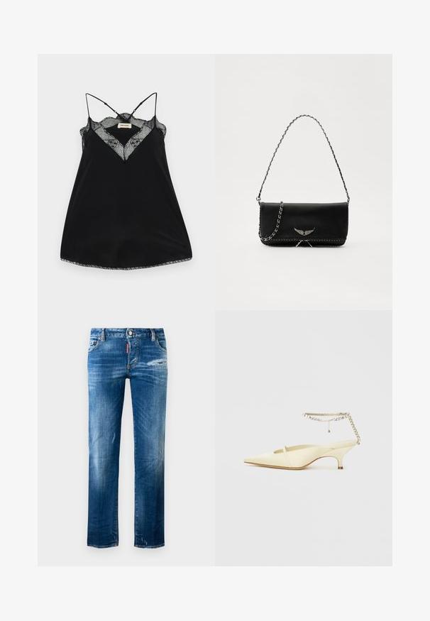 Camiseta negra sin mangas con tirantes ajustables, con un escote de encaje en forma de pico y bordes ondulados. Tejido suave con un ligero brillo.; Vaqueros ajustados de color azul con un ligero desgaste, un leve desgarro en el muslo derecho y el dobladillo izquierdo, bolsillos delanteros, trabillas para el cinturón y cierre de botón.; Zapato slingback de satén amarillo con punta afilada, tacón bajo y una correa de tobillo decorativa con cadena que presenta rhinestones. Textura suave, diseño minimalista.; Bolso de mano de cuero negro con una correa de cadena plateada, que presenta acentos decorativos en forma de alas y costuras blancas a lo largo de la costura inferior.
