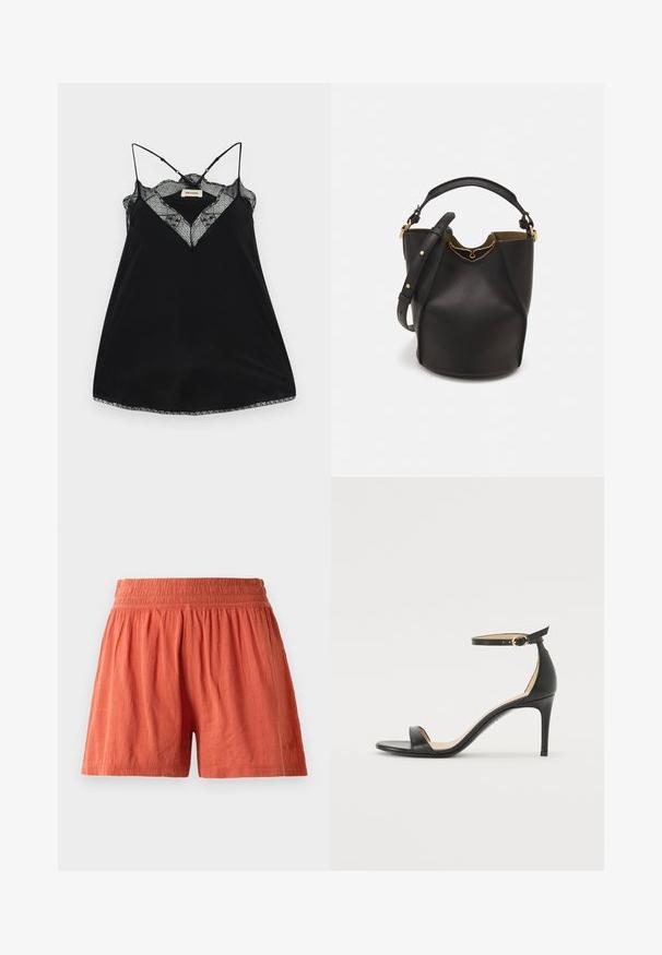 Čierna tielko s nastaviteľnými ramienkami, s čipkovým výstrihom a zvlnenými okrajmi. Hladká tkanina s jemným leskom.; Hlinená šortky terakotovej farby s elastickým pásom, vyrobené z textúrovaného materiálu, majú voľný strih a subtílnu značku na leme.; Čierne kožené sandále na vysokom podpätku s popruhom okolo členka. Vlastnosti hladkého povrchu, otvorenej špičky a tenkého podpätku. Detail zlatého spony.; Čierna kožená vedro taška s textúrovaným povrchom, zlatými kovovými detailami a otvoreným vrcholom. Obsahuje krátku rukoväť a nastaviteľný ramenný popruh.