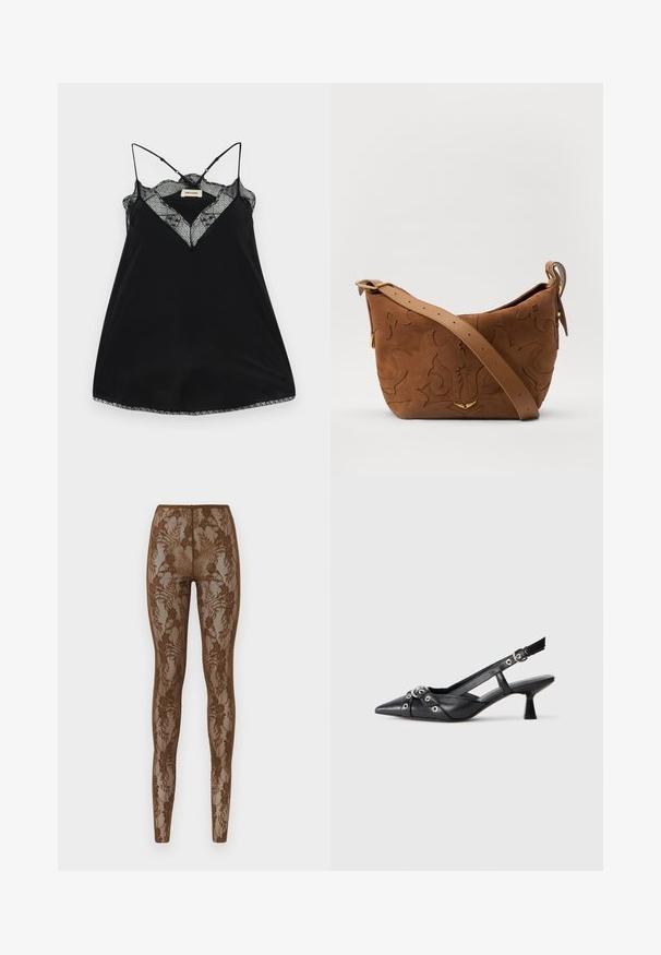 Camisolă neagră cu bretele ajustabile, featuring un decolteu din dantelă adânc și margini ondulate. Material neted cu un ușor luciu.; Leggings brown din dantelă cu model floral, având o textură transparentă și un design fix. Talie înaltă pentru o potrivire perfectă, netede la cusături.; Pantofii slingback din piele neagră, cu vârful ascuțit, curele decorative cu ochiuri din metal și toc bloc mic. Suprafață texturată.; Geantă de umăr din suede maro cu un design floral embosat, completată de o curea din piele maro netedă și accente din metal auriu.