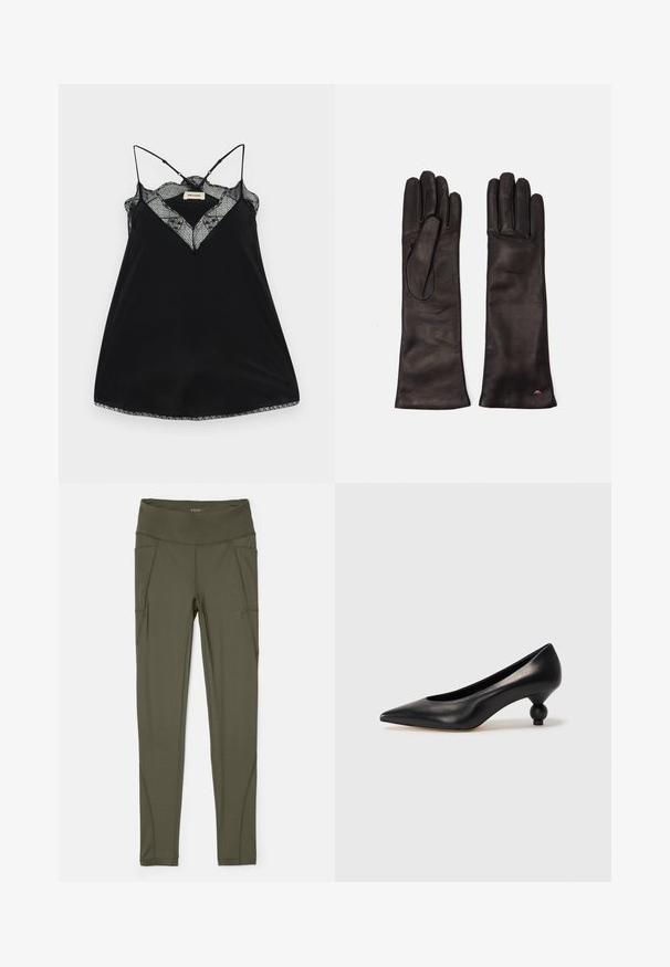 Černý top s nastavovacími ramínky, s krajkovým výstřihem a zubatými okraji. Hladká tkanina s mírným leskem.; Olivově zelené legíny vyrobené z elastického materiálu, s vysokým pasem, bočními kapsami a bezešvým šitím pro hladký vzhled.; Černá kožená vysoká bota na podpatku s špičatou špičkou a kulatým, zaobleným podpatkem. Hladká textura s elegantním, minimalistickým designem.; WEEKEND MaxMara SENAPE - Rukavice - nero