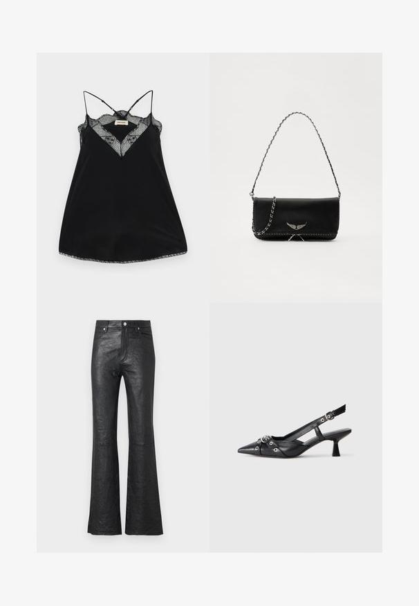 Schwarzes Trägertop mit verstellbaren Trägern, ausgestattet mit einem Spitzen-Ausschnitt und gewellten Kanten. Glattes Material mit leichtem Glanz.; Schwarze, ausgestellte Lederhosen mit knitteriger Textur, hoher Taille, Fronttaschen sowie einem klassischen Knopfverschluss mit Reißverschluss.; Schwarzer Leder-Slingback-Schuh mit spitz zulaufender Zehenpartie, dekorativen Riemen mit METALLÖSEN und niedrigem Blockabsatz. Strukturelle Oberfläche.; Schwarze Lederhandtasche mit einem silbernen Kettenriemen, verziert mit dekorativen Flügelakzenten und weißen Nähten entlang der unteren Naht.
