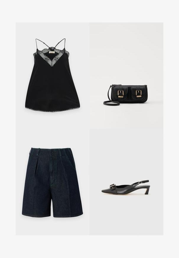 Svart camiset med justerbare stropper, med en dyp utringning i blonde og bølgede kanter. Glatt stoff med en lett glans.; Jeanshorts med mørk vask, med folder, sidelommer og kontrasterende grønn søm langs sømmene.; Svarte skinn slingback-sko med spiss tå, liten hæl og dekorativ spenne-detalj på overdelen. Glatt tekstur, minimalistisk design.; Svart skinn crossbody veske med to frontlommer, gyldne spenner, glidelåslukking og en slank stropp. Teksturert overflate og kompakt rektangulær form.