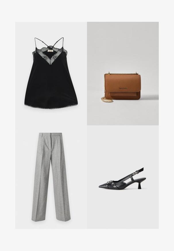 Juodas camisole'as su reguliuojamomis petnešėlėmis, pasižymintis nėriniuota iškirpte ir bangos formos kraštais. Lygus audinys su šiek tiek blizgesio.; Aukštos juosmens pilkos kelnės su vertikaliomis juostelėmis ir plačiomis tiesiomis kojomis, pateiktos ant baltos fono.; Juodas odinis slingback tipo batai su smailiu priekiniu atvartu, dekoratyvinėmis sagtimis su metaliniais akyčiais ir žemu blokiniu kulnu. Saldus paviršius.; Ruda tekstūruota odinė per petį nešama rankinė su auksiniu grandininiu dirželiu ir užlenkiamo užsegimo. Priekinėje pusėje yra logotipo detalė ir kišenė po užlenkimu.