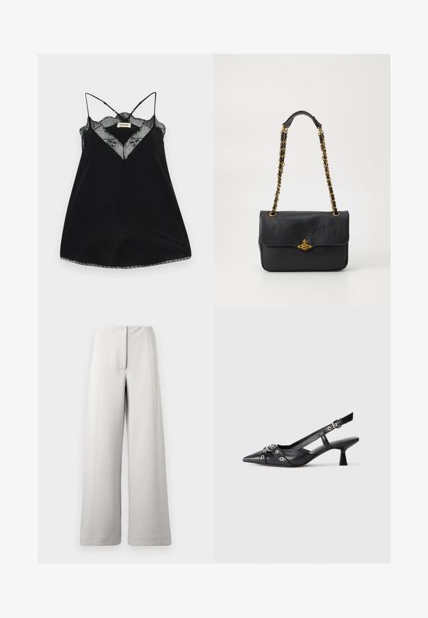 Camiseta negra sin mangas con tirantes ajustables, con un escote de encaje en forma de pico y bordes ondulados. Tejido suave con un ligero brillo.; Pantalones de pierna ancha en tela gris claro, con un pliegue frontal limpio, costuras ajustadas y una textura suave.; Zapato de slingback negro de piel con punta afilada, correas decorativas con ojales de metal y un tacón bajo y ancho. Superficie texturizada.; Bolso de cuero negro con solapa plegable, cadena en tono dorado y detalle de hardware con logo en la parte frontal. Textura suave.