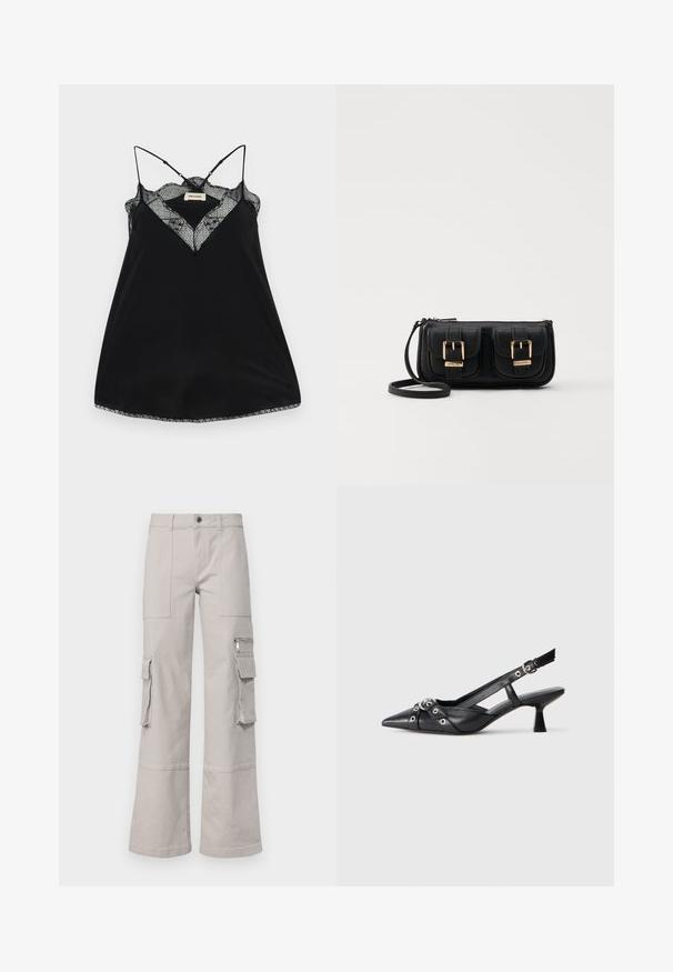 Schwarzes Trägertop mit verstellbaren Trägern, ausgestattet mit einem Spitzen-Ausschnitt und gewellten Kanten. Glattes Material mit leichtem Glanz.; Hellegraue Cargo-Hosen mit weitem Bein, mehreren Taschen und einer strukturierten Stoffoberfläche. Mit sichtbaren Nähten und einem Knopfverschluss.; Schwarzer Leder-Slingback-Schuh mit spitz zulaufender Zehenpartie, dekorativen Riemen mit METALLÖSEN und niedrigem Blockabsatz. Strukturelle Oberfläche.; Schwarze Leder-Umhängetasche mit zwei vorderen Taschen, goldenen Schnallen, Reißverschluss und einem schmalen Tragegurt. Texturierte Oberfläche und kompakte rechteckige Form.