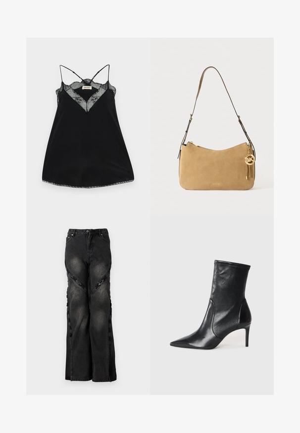 Black camisole with adjustable straps, featuring a lace plunge neckline and scalloped edges. Smooth fabric with a slight sheen.; Black denim jeans with a wide-leg cut, featuring chain accents along the side seams and a button and zip closure at the waist.; Black ankle boots made of smooth leather, featuring a pointed toe, fitted shaft, and a slim high heel. Minimalist design with no visible hardware.; Tan suede shoulder bag with a curved shape, gold hardware, and zipper closure. Features an attached charm with the initials "MK."