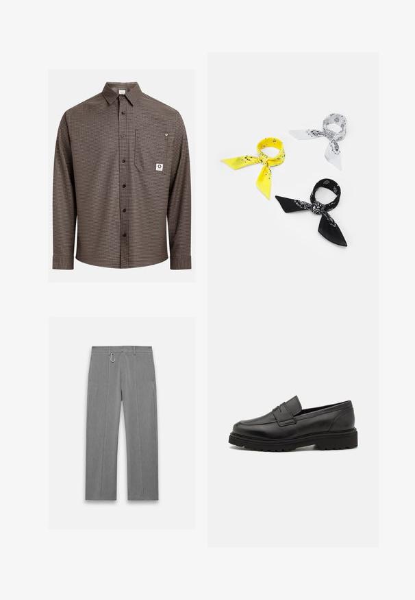 Brown checkered long-sleeve shirt with button-up front, single chest pocket, and logo tag. Soft fabric, standard collar, and button cuffs.; Gray tailored pants with a textured finish. Features a front zipper, side pockets, and a silver hardware accent. Straight-leg design.; Black leather loafer with a round toe, stitched detailing, and a thick, textured sole. Features a sleek, minimalist design.; Three bandanas: one yellow with black patterns, one white with black designs, and one black with white graphics. All are square, lightweight fabric.