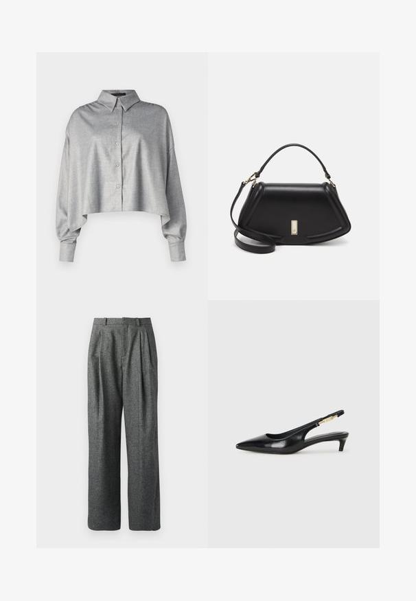 Geknipte grijze overhemelsk shirt met een kraag, lange mouwen en een ontspannen pasvorm. Glad geweven stof met een subtiele textuur en een ronde zoom.; DRYKORN INK - Broek - grey; Zwarte leren slingback hakken met een spitse neus, voorzien van een slanke hak en een goudkleurige accent op de verstelbare band. Gladde textuur.; Zwarte leren handtas met een gestructureerd ontwerp, featuring een verkorte vorm, bovenhandvat en gouden hardwareaccent. Inclusief verstelbare schouderband.