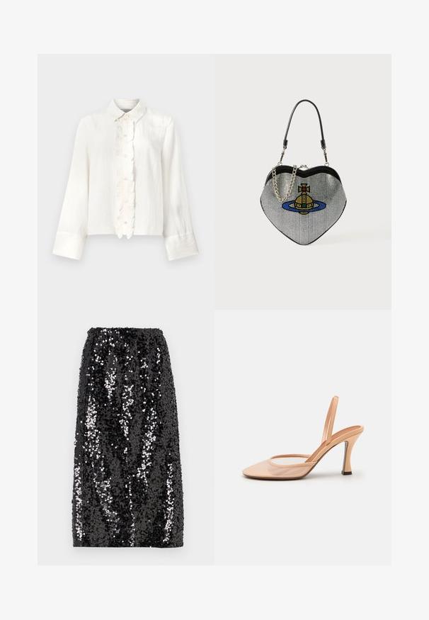 Balta garo piedurkņu blūze ar apkakli, kas rotāta ar krokojumu pogu plāksteri un platām aprocēm. Izgatavota no viegla, teksturēta auduma.; Melnas spīdīgas svārki ar taisnu siluetu, elastīgu jostu un gludu tekstūru, rotāti ar dažāda izmēra spīdīgām spuldzītēm, kas nodrošina vizuālu kontrastu.; Ārpus redzes tīkls slingback papēdis ar norādītu purngalu, smalku potītes siksniņu un stiletto papēdi, kura pamatnē ir melns akcenta elements.; Sirds formas somiņa izgatavota no sietiņmateriāla ar metālisku apdari, ar kaķa un planētas dizainu zilos, dzeltenos un sarkanajos toņos. Ietver ķēdes siksnu.