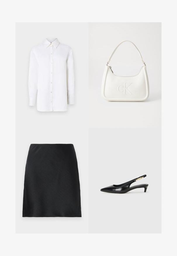Hvit lin skjorte med knapper og spiss krage, lange ermer og knapplukking. Har en avslappet passform og glatt tekstur.; Svart sateng miniskjørt med en jevn tekstur og rett kant, vist mot en ensfarget hvit bakgrunn.; Sorte lærreim hæler med spiss tå, som har en slank hæl og en gullfarget detalj på den justerbare stroppen. Glatt tekstur.; Hvit lærveske med en buet fasong, med et preget "CK"-logo på forsiden og en enkel skulderstropp. Glidelåslukking på toppen.