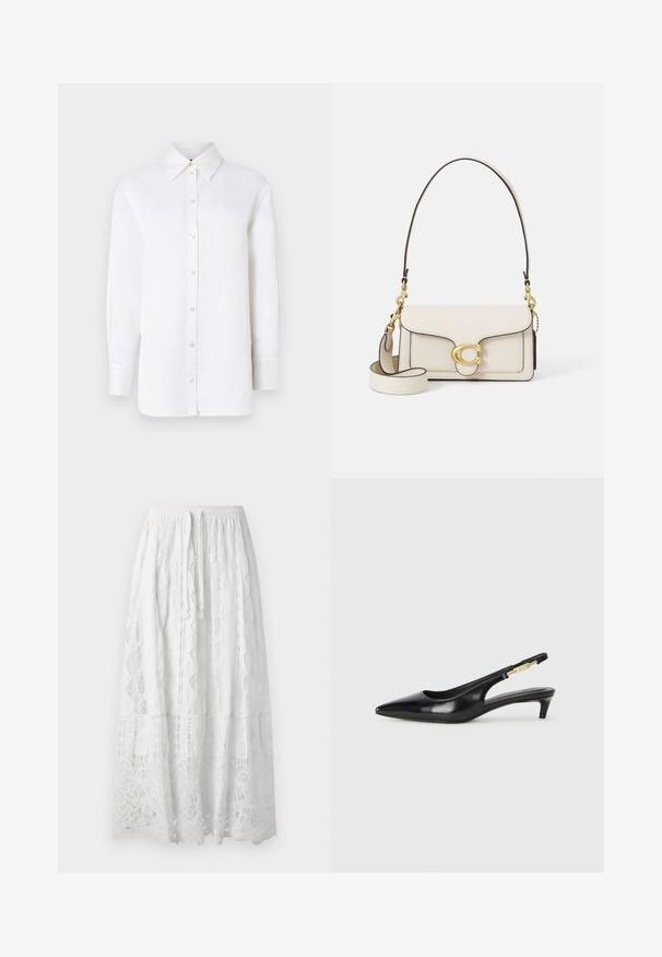 Balts linu krekls ar norādītu apkakli, garām piedurknēm un pogu aizdariem. Iezīmē relaksētu piegriezumu un gludu tekstūru.; Balta mežģīņu midi svārki ar elastīgu jostasvietu, kuriem ir sarežģīti ģeometriski raksti un slāņota konstrukcija. Viegls un gaisīgs audums.; Melnas ādas slingback zābaki ar smailu purngalu, ar šauru papēdi un zelta krāsas akcentu uz regulējama siksniņas. Gluda tekstūra.; Krēmpiena ādas rokassoma ar strukturētu dizainu, kontrastējošām melnām malām, zelta aparatūru un noņemamu siksnu ar paraksta logotipu.