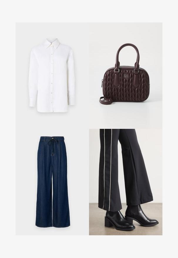 Cămașă albă din in, cu guler ascuțit, mâneci lungi și închidere cu nasturi. Prezintă o croială lejeră și o textură netedă.; Jeans largi de un albastru închis, cu o croială confortabilă, talie cu șnur și un design plisat. Realizați din denim cu o textură netedă, cu cusături clasice.; Bocanci de piele negri până la gleznă, cu toc pătrat, având panouri elastice pe laterale. Asortați cu pantaloni negri care au o dungi albă pe lateral.; Geantă de mână din piele burgundă, cu un model capitonat, două mânere superioare și curea detașabilă. Dispune de accesorii din metal argintie și logo embosat.