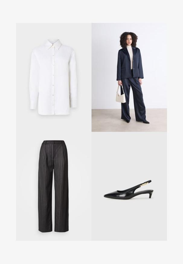 Chemise blanche en lin à col pointu, à manches longues et à fermeture boutonnée. Présente une coupe décontractée et une texture lisse.; Pantalons noirs à rayures avec un design à jambes larges, devant plissé et texture lisse. Comprend une taille et pas de poches visibles.; Talons hauts en cuir noir avec un bout pointu, dotés d'un talon fin et d'un accent en ton or sur la lanière réglable. Texture lisse.; Costume navy avec un blazer ajusté et un pantalon large, associé à un col roulé de couleur claire. Tient un sac à main crème avec des détails de bandoulière.
