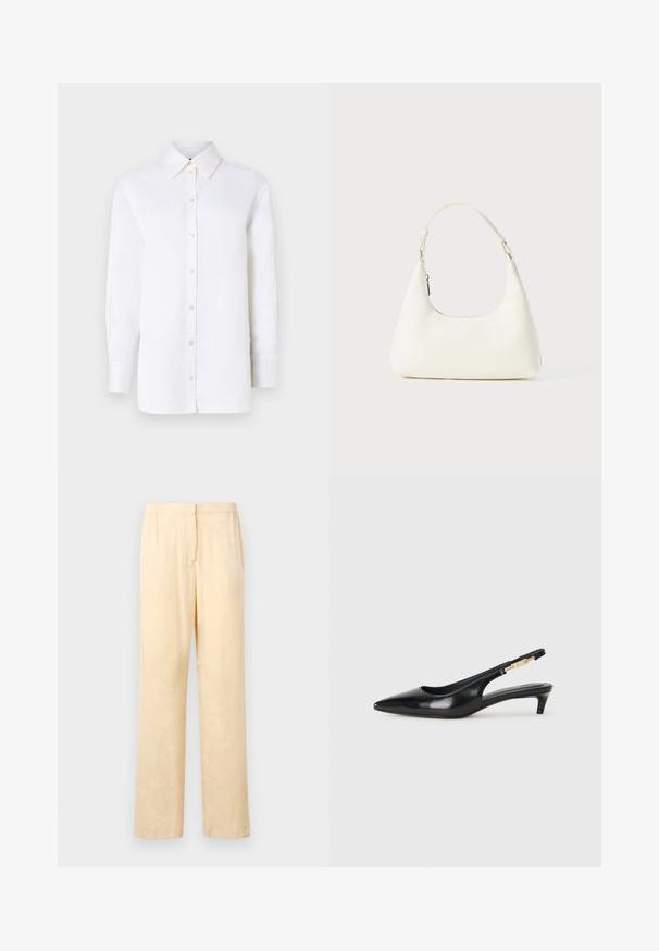 Biely ľanový košeľa na gombíky s ostrým golierom, dlhými rukávmi a gombíkovými uzávierkami. Má uvoľnený strih a hladkú textúru.; Svetložlté, voľné nohavice s jemným vzorom listov. Obsahujú elastický pás a rovný strih nohavíc. Hladká textúra.; Čierne kožené slingback opätky s špicatou špičkou, s úzkym opätkom a zlatým detailom na nastaviteľnom remienku. Hladká textúra.; Malá biela ramenná taška s jedným nastaviteľným popruhom a zipsovým uzáverom, umiestnená na jednoduchom bielom pozadí.