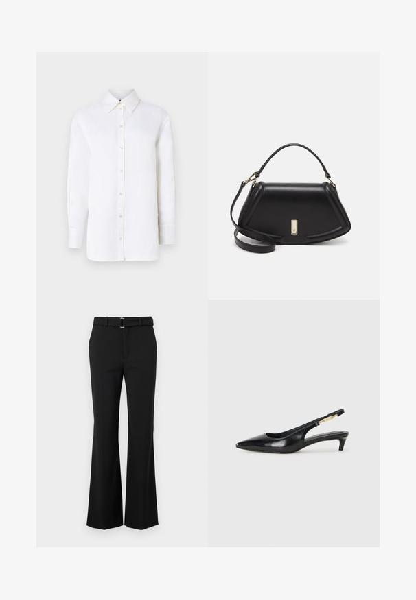 Bjela lanena košulja s dugim rukavima i oštrom kragnom, zatvaranjem na dugmad. Ima opušteni kroj i glatku teksturu.; Crne trapez hlače s glatkom teksturom, imaju prilagođeni struk i pojas s srebrnom kopčom. Čist dizajn bez vidljivih uzoraka.; Crne kožne sandale s petom, s izduženim vrhom, imaju usku petu i zlatni akcent na podesivoj traci. Glatka tekstura.; Crna kožna torba s strukturiranim dizajnom, s krojenim oblikom, gornjom drškom i zlatnim detaljima. Uključena je podesiva ramena traka.