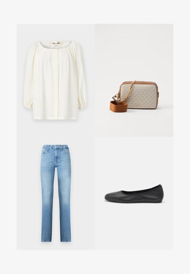 White blouse with a scoop neckline, pleated front, and three-quarter puff sleeves. Made of lightweight fabric with a soft texture.; Light blue straight-leg jeans made of denim, featuring a classic five-pocket design and a stitched waistband with front button closure.; Black leather ballet flat with a rounded toe, smooth texture, minimal stitching detail, and a flexible sole design.; Crossbody bag with a cream fabric featuring a repeated MK logo pattern, brown leather accents, and a gold chain strap with a detachable brown strap.
