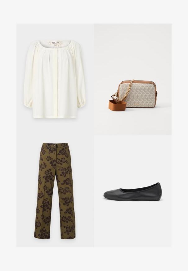 White blouse with a scoop neckline, pleated front, and three-quarter puff sleeves. Made of lightweight fabric with a soft texture.; Olive green wide-leg trousers made of cotton, featuring a dark floral pattern, a button closure, and straight-cut hem.; Black leather ballet flat with a rounded toe, smooth texture, minimal stitching detail, and a flexible sole design.; Crossbody bag with a cream fabric featuring a repeated MK logo pattern, brown leather accents, and a gold chain strap with a detachable brown strap.