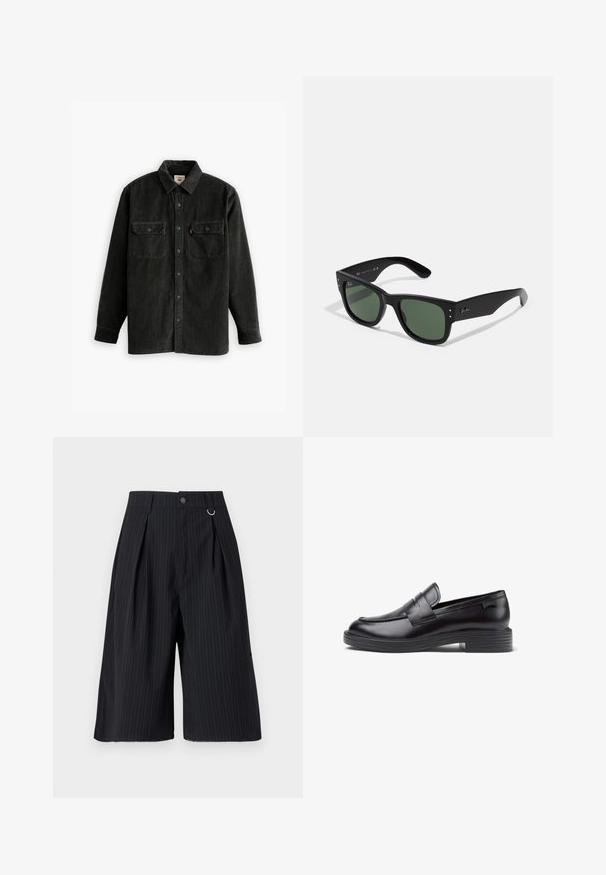 Melna korduroja krekls ar pogājamu priekšpusi, apkakli un divām krūšu kabatām. Iezīmējas ar teksturētu audumu un taisnu griezumu.; Melnas svītrainas šortas ar krokām, pogu aizdari un metāla gredzena akcentu. Gluda auduma, pielāgota piegriezuma un ceļgala garuma dizains.; Melna ādas loafer kurpe ar zemu ribotu papēdi, noapaļotu purngalu, dekoratīvām izšuvuma akcentiem un priekšējo joslu detaļu. Gluda tekstūra.; Melni taisnstūra saulesbrilles ar zaļiem stikliem, matēta apdare, smalki aparatūras akcenti un iegravēts logo uz tempļa.
