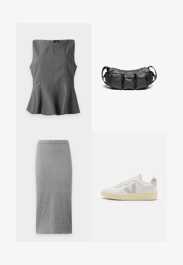 Šedý peplum top se strukturovaným bezrukávovým designem. Vyrobený z hladké tkaniny, s vertikálními švy a rovnoměrným výstřihem.; Šedá sukně ke kolenům vyrobená z měkkého, elastického materiálu. Má jednoduchý, přiléhavý střih s elastickým pasem a hladkou texturou.; Bílé kožené tenisky s béžovými semišovými akcenty, perforovanou špičkou, plochými tkaničkami a strukturovanou krémovou podešví. Obsahují jemné logo na patě.; Černá kožená taška přes rameno s texturovaným povrchem. Obsahuje tři vnější kapsy a nastavitelný popruh. Kompaktní, zaoblený tvar.