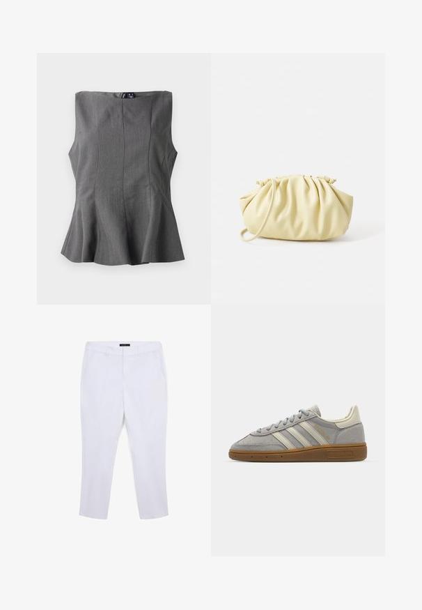 Graues Peplum-Top mit strukturiertem, ärmellosem Design. Hergestellt aus glattem Stoff, mit senkrechten Nähten und geradem Halsausschnitt.; Weiße maßgeschneiderte Hosen mit glatter Textur, ausgestattet mit zwei seitlichen Taschen und einem geraden Schnitt. Taillierte Taille ohne sichtbare Beschläge.; Graue Wildledersneaker mit hellgrauen Lederstreifen und einer Sohle aus Gummi. Zu den Merkmalen gehören eine Schnürung und dezente Markenkennzeichnung auf der Zunge.; Gelbe, gefaltete Handtasche aus glattem Kunstleder mit weicher Form, einzigem Schulterriemen und gerafftem Oberteil.