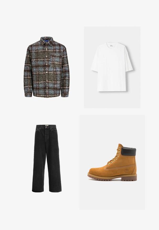 Hnedo-modrá károvaná košela s bundou vyrobená z textúrovanej tkaniny; obsahuje náprsné vrecko a zapínanie na gombíky.; Biela tričko s krátkym rukávom vyrobené z bavlny, s okrúhlym výstrihom a voľným strihom. Hladká textúra, bez viditeľných vzorov alebo akcentov.; Čierne široké nohavice vyrobené z denimu. Majú vysoký pás, dve predné vrecká, gombíkovú manžetu a jemné švy.; Tyrkysové semišové členkové topánky s čiernym polstrovaným golierom, zlatými kovovými očkami, bielym prešívaním a robustnou gumovou podrážkou s výraznými drážkami.