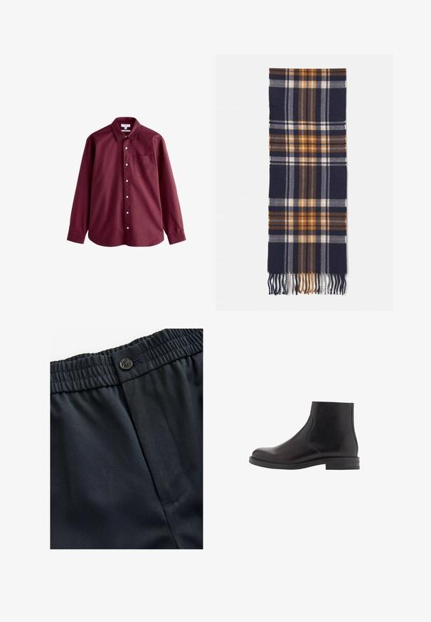 Burgunderfarbendes Langarm-Hemd aus Baumwolle mit spitzem Kragen, einer Brusttasche und weißen Kunststoffknöpfen. Glatte Textur.; Marineblaue, leichte Stoff mit einer glatten Textur. Verfügt über einen elastischen Bund mit Knopfverschluss und einer seitlichen Tasche.; Schwarze Leder-Ankleboots mit glatter Textur, abgerundeter Spitze, elastischen Seitenteilen und niedrigem, gestapeltem Absatz. Minimalistisches Design mit dezenten Nähten.; Marineblauer karierter Schal aus weichem Material, mit orangefarbenen, weißen und braunen Karomustern und fransigen Enden für eine angenehme Textur.
