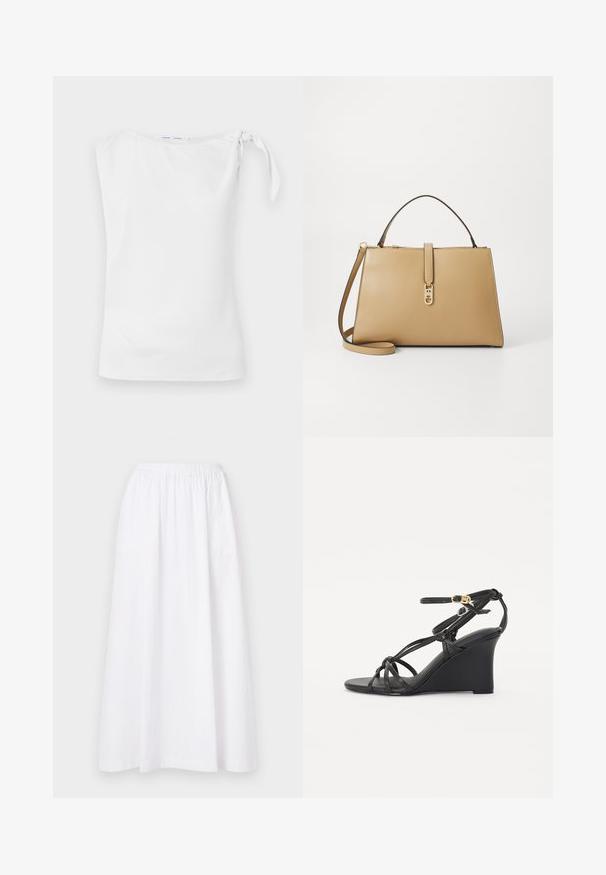 Balta bez piedurknēm topiņš ar asimetrisku dekoltē un sasietu detaļu uz kreisā pleca, izgatavots no gludas, vieglas auduma.; Balta, līdz ceļiem garā svārki ar elastīgu jostu, ar vienkāršu dizainu un vieglu audumu, ar gludu, vienkāršu tekstūru.; Melni klinveida sandales ar plānām, krustveida siksniņām un regulējamu potītes siksnu ar zelta sprādzi. Gluda ādas apdare.; Tommy Hilfiger LIBRE SATCHEL - Rokassoma - safari