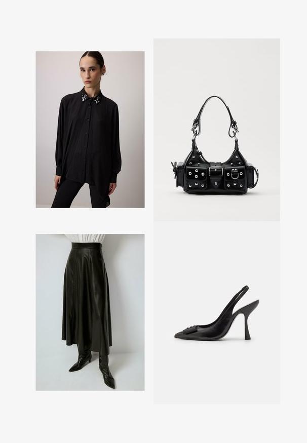 Zwarte shirt met een vloeiende design, voorzien van een versierde kraag met ingewikkeld kralenwerk en een knoopsluiting aan de voorkant. Lange mouwen.; Zwarte leren maxirok met een aansluitende taille en een vloeiende A-lijn silhouet. Kenmerkt zich door een gladde textuur en minimale stikdetails.; Zwarte leren slingback schoen met een spitse neus, slanke hoge hak en een decoratieve strikaccent. Gladde textuur en elegant ontwerp.; Zwarte lederen handtas met een gebogen ontwerp, voorzien van zilveren studs, een gesp en twee zijvakken. Verstelbare schouderband voor verschillende draagmogelijkheden.