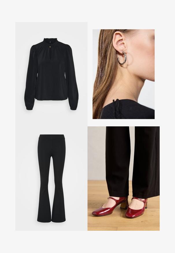 Blusa preta feita de um tecido suave com um decote alto franzido, uma abertura em forma de gota na parte da frente e mangas longas bufantes com punhos ajustados.; Calças pretas de corte alargado feitas de tecido elástico, com uma cintura alta e uma textura suave. As calças alargam-se a partir do joelho.; Sapatos de salto Mary Jane em pele vernizada vermelha, com bico quadrado, uma tira sobre o peito do pé e um salto baixo. Usados com calças pretas.; Brinco de argola prateada com acabamento polido, apresentando pequenos detalhes em dourado e uma forma redonda, usado na orelha.
