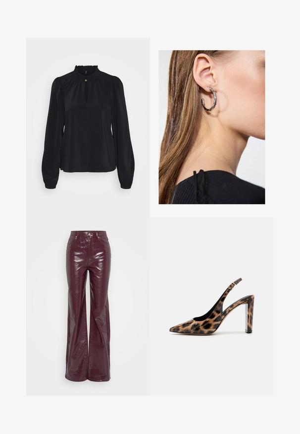 Melna blūze, kas izgatavota no mīksta auduma, ar augstu volānu apkakli, atslēgas atvērumu priekšā un garām pūkainām piedurknēm ar pieguļošām aprocēm.; Augstas jostas, bordo krāsas mākslīgās ādas bikses ar platām kājām, priekšējo pogu un kabatām, prezentētas uz balta fona.; Lāču raksta slingback kurpes ar norādītu purngalu un caurspīdīgu bloku papēdi. Izgatavotas no spīdīgas masas ar gludu tekstūru.; Sudraba auskars ar pulētu apdari, ar maziem zelta akcentiem un apaļu formu, uz ausu ļipiņas.