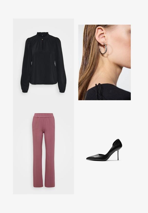 Bluză neagră din țesătură moale, cu un guler cu volane înalt, o deschidere tip cheie în față și mâneci lungi umflate cu mansete strânse.; Pantaloni drept de culoare mov deschis, cu un brâu elastic. Fabricati dintr-un material moale, având cusături verticale pentru un aspect croit.; Cizmă cu toc stiletto din piele neagră, cu vârf ascuțit și tăieturi pe laterale. Textura netedă și tocul înalt și subțire creează o siluetă elegantă.; Cercel din argint cu un finisaj polișat, având detalii mici din aur și o formă rotundă, purtat pe lobul urechii.