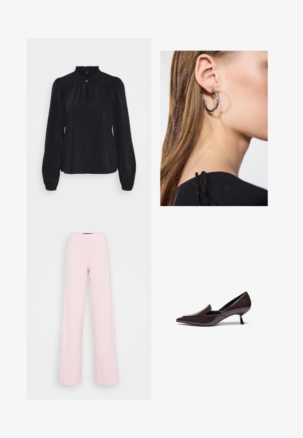 Black blouse made from soft fabric with a high ruffled neckline, a keyhole opening at the front, and long puffed sleeves with fitted cuffs.; Light pink wide-leg pants, made of a soft fabric, featuring a high elastic waistband and no visible patterns or hardware.; Pointed-toe pumps in dark brown patent leather with a low stiletto heel and sleek silhouette, featuring a slightly raised vamp.; Silver hoop earring with a polished finish, featuring small gold accent details and a round shape, worn on the lobe.