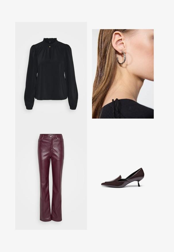 Bluză neagră din țesătură moale, cu un guler cu volane înalt, o deschidere tip cheie în față și mâneci lungi umflate cu mansete strânse.; Pantaloni din piele burgund cu talie ajustată, picioare drepte, cusături minime și închidere cu nasture argintiu. Textură netedă cu o ușoară strălucire.; Pantofii cu vârf ascuțit, din piele lăcuită de culoare maro închis, cu un toc stiletto mic și o siluetă elegantă, având un vârf ușor ridicat.; Cercel din argint cu un finisaj polișat, având detalii mici din aur și o formă rotundă, purtat pe lobul urechii.