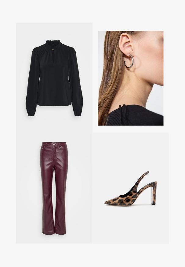 Schwarze Bluse aus weichem Stoff mit einem hohen rüschenbesetzten Ausschnitt, einem Schlüssellochöffnungs-Detail auf der Vorderseite und langen, gepufften Ärmeln mit eng anliegenden Manschetten.; Bordeauxfarbene Lederhosen mit tailliertem Bund, geraden Beinen, minimaler Naht und silberner Knopfverschluss. Glatte Textur mit leichtem Glanz.; Pumps mit Leopardenmuster im Slingback-Stil, spitz zulaufend und mit transparentem Blockabsatz. Hergestellt aus glänzendem Material mit glatter Oberfläche.; Silberne Creolen mit polierter Oberfläche, die kleine goldene Akzentdetails und eine runde Form aufweisen, am Ohrläppchen getragen.