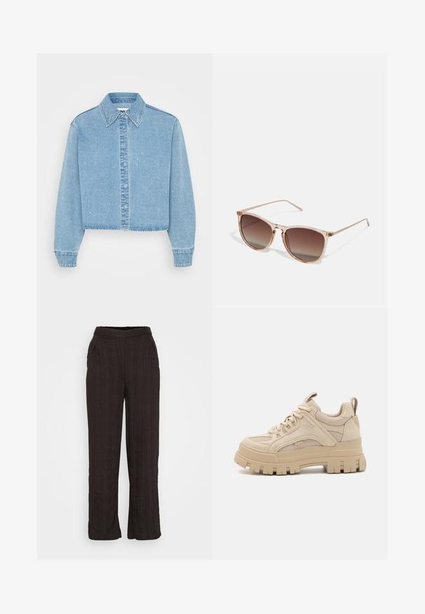 Cropped light blue denim jacket with a button-up front, pointed collar, and scattered small shiny accents on the fabric.; Black wide-leg pants made from textured fabric with a pleated design. Features an elastic waistband and side pockets.; Beige chunky sneakers with a mix of mesh and suede materials, featuring a thick sole and prominent tread, lace-up design, and branding detail.; Brown gradient sunglasses with a translucent pink frame, square shape, and thin metal arms. Features rounded edges and minimal detailing.