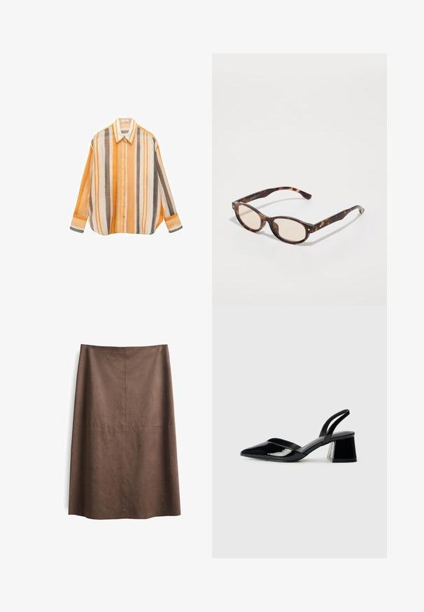 Gestreifte Bluse in Orange-, Weiß- und Brauntönen. Lockere Passform mit langen Ärmeln, einem spitzen Kragen und Knopfverschluss auf der Vorderseite.; Brauner Wildleder A-Linien-Rock mit glatter Textur, knielangem Design und subtilen Nahtdetails. Keine sichtbaren Beschläge oder Akzente.; Schwarze Lackleder-Slingback-High Heels mit spitzem Schuh und einem geometrischen Blockabsatz. Verfügt über ein schlankes, minimalistisches Design und eine glatte Textur.; Schildkrötenmuster Sonnenbrille mit runder Form und leichten Gläsern. Verfügt über stabile Bügel mit kleinen goldenen Akzenten, hergestellt aus Kunststoff.; Weißer Leder-Umhängetasche mit strukturierter Form, auffälliger Naht, goldfarbener Hardware-Tag und doppelten Griffen. Texturierte Oberfläche mit Seitentaschen.