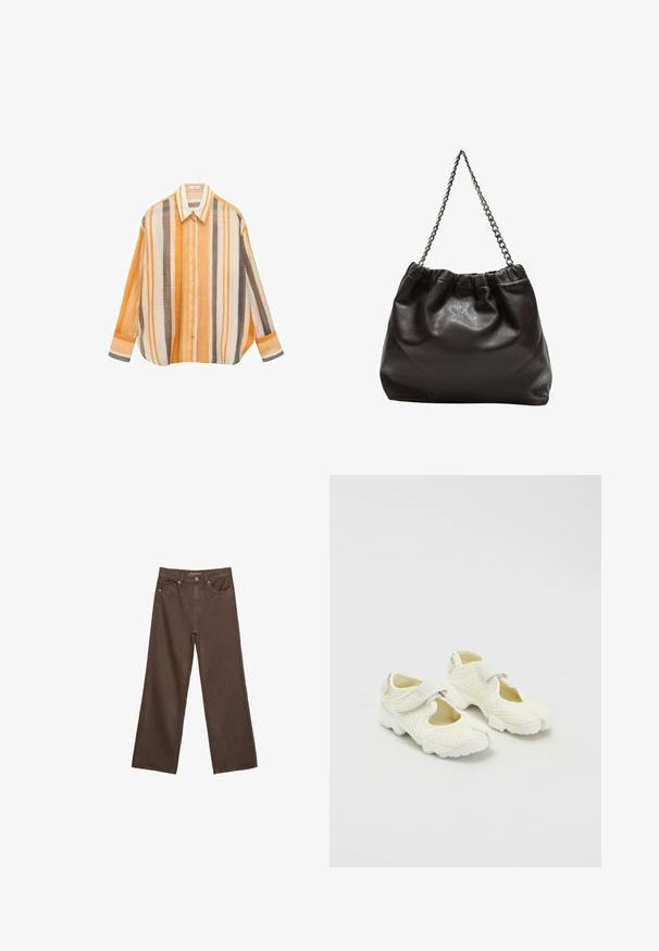 Prugasta košulja u narančastim, bijelim i smešnim nijansama. Opušteni kroj s dugim rukavima, šiljastim ovratnikom i dugim kopčanjem sprijeda.; Proširene smeđe traperice od denima, s visokim strukom, prednjim džepovima i klasičnom kopčom na dugme. Glatka tekstura s suptilnim šavovima.; Bijele mrežaste cipele sa strukturiranim dizajnom, s čičak trakama i izrezanim stranama, teksturiranim materijalom i debelim potplatom.; Smeđa kožna torba s naboranim vrhom i lančićem za nošenje. Glatka tekstura s sjajnim završetkom i suptilnim šavnim detaljima sa strane.